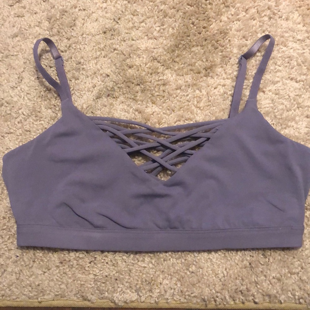 Purple/lavender strappy fabletics sports bra